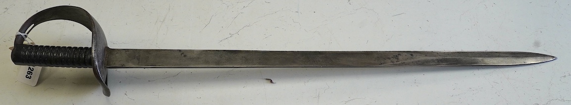 A naval boarding cutlass, blade with issue stamps, 1892, iron guard (pitted) and ribbed iron grips, blade 70.5cm. Condition - worn